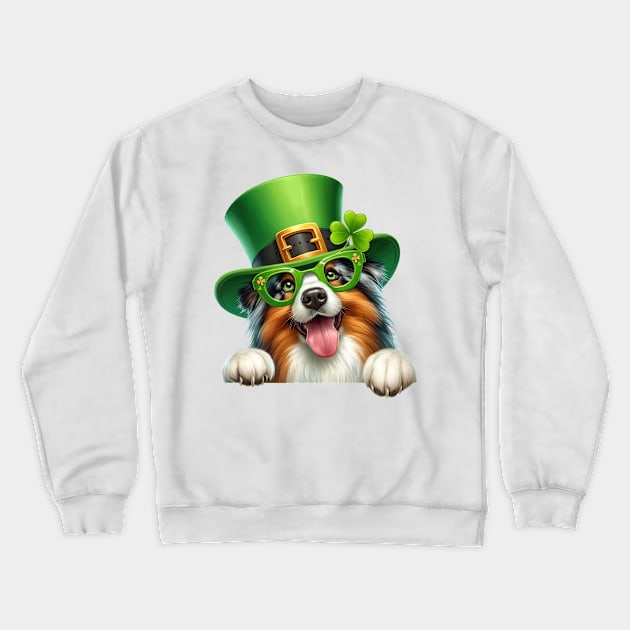 St Patricks Day Peeking Australian Shepherd Dog Crewneck Sweatshirt by Chromatic Fusion Studio